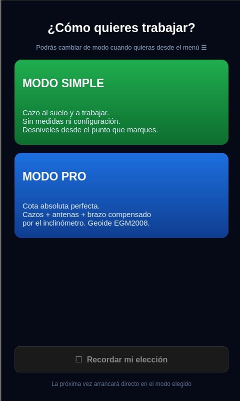 Pantalla de elección entre modo Simple y modo PRO en la consola Laser-GPS