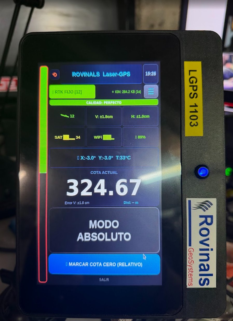 Consola LGPS 1103 en cabina mostrando RTK fijo y la cota actual