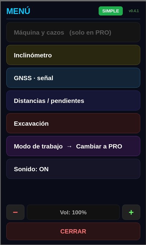 Menú principal de la consola Laser-GPS con sus opciones