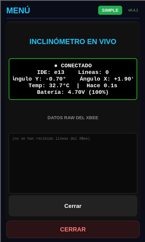 Pantalla de inclinómetro en vivo con ángulos, temperatura y batería