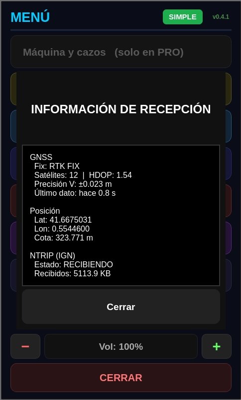 Información de recepción GNSS con RTK fijo y corrección NTRIP del IGN