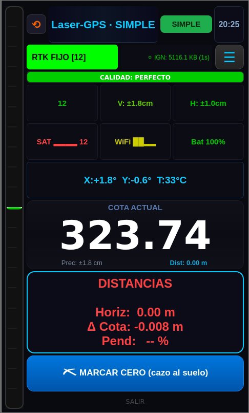 Pantalla del Laser-GPS mostrando distancia horizontal, diferencia de cota y pendiente